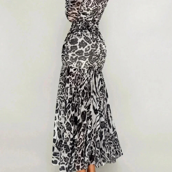 Grey Elegant Women's Mesh Leopard And Zebra Print Asymmetrical Hem Long Dress - Picture 2 of 5